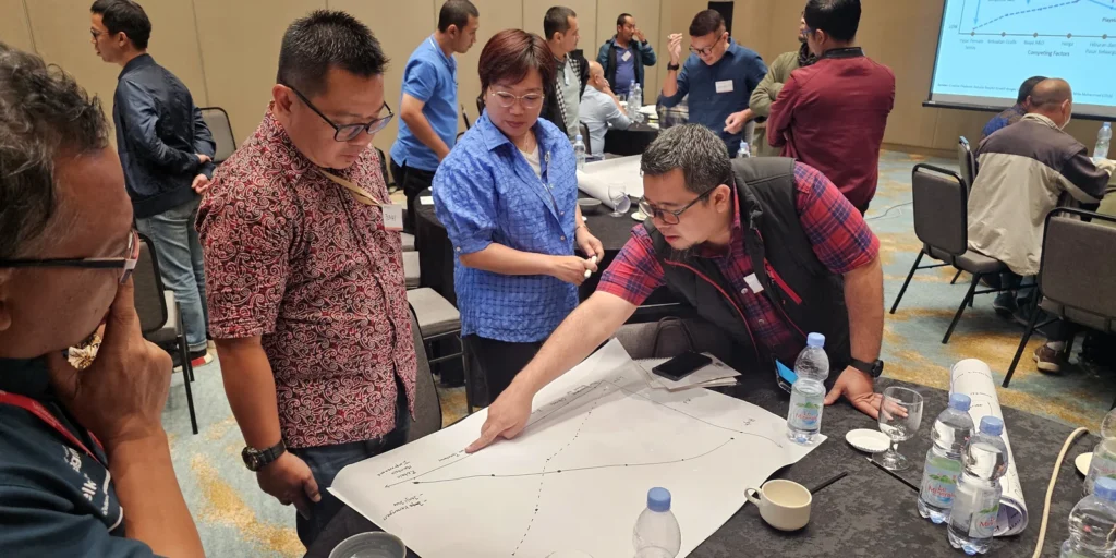 Peserta lokakarya Mitologi Inspira berdiskusi di depan peta integrasi tim setelah merger